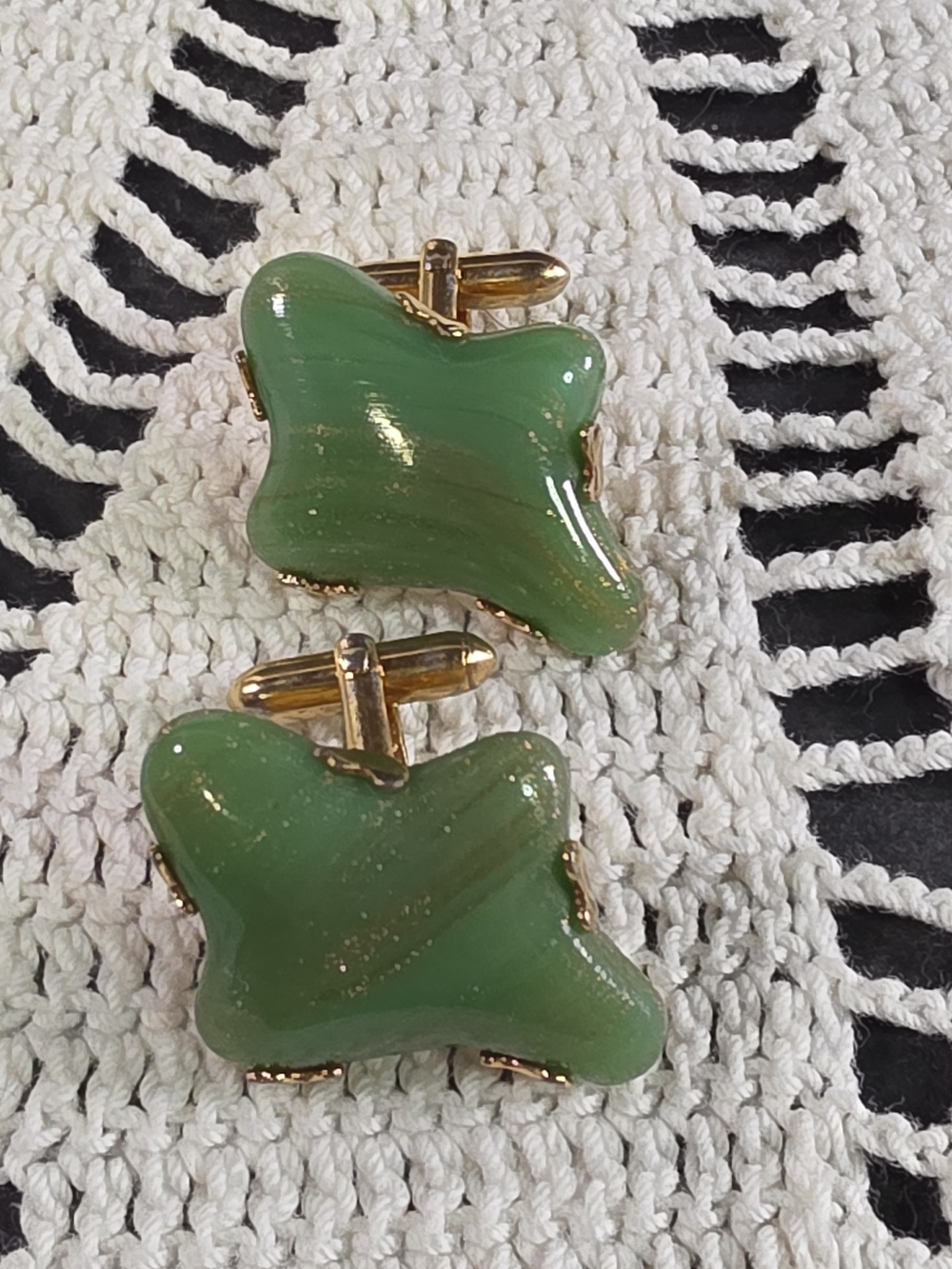 Vtg Swank Cufflink~Murano Chrystal Jade Green~Gold Striations Biomorphic~MCM